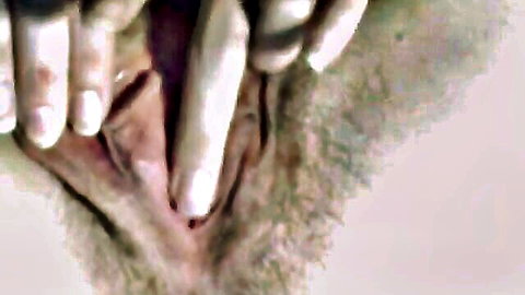 Closeup finger fucking hairy wet pussy in intense solo female masturbation
