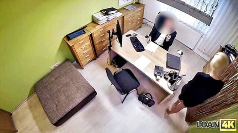 Blonde in skirt teases for loan in office Loan4K video