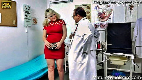 Chubby blonde Sarah Star in red dress for mature gyno exam with doctor