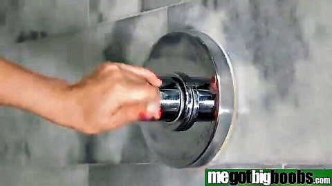 Lena Paul turning on steamy shower, teasing glimpse