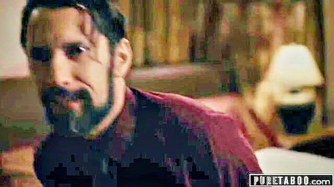 Aggressive bearded man in maroon shirt demands rough sex in bedroom scene