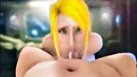 Blonde Samus cosplay babe with massive tits giving intense blowjob