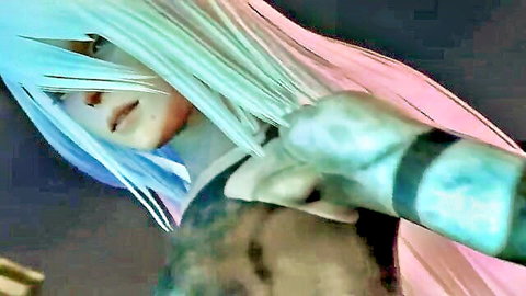 Animated YoRHa girl with blue-pink hair in tight black bodysuit seductive pose
