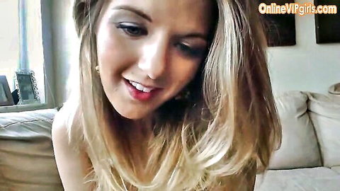 Blonde babe smiling invitingly for mutual masturbation session