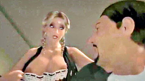 Busty blonde MILF in black lace top with mustached man, taboo mother scene