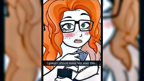 Anime redhead with glasses in hentai style, pondering outfit for him