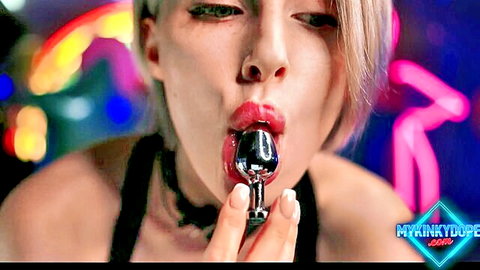 Mykinkydope blonde kissing butt plug in neon tease, OnlyFans
