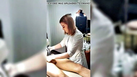 Blonde in white uniform trimming bare leg, spontaneous ejaculation surprise