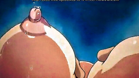 Busty animated girl with huge pink breasts and pierced nipples in erotic hentai scene