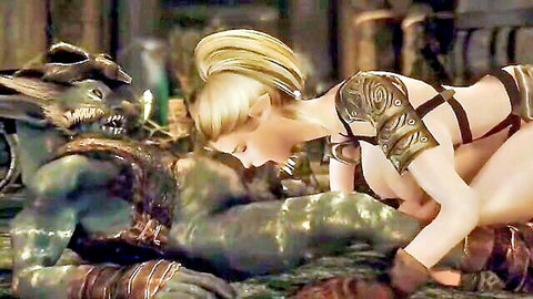 Blonde elf in skimpy armor performs oral on muscular orc in Skyrim fantasy porn