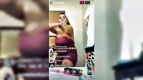 Curvy Latina in tight red dress dances and teases big bazookas on IG Live