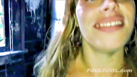 Smiling blonde with braces in dim abandoned creampie scene