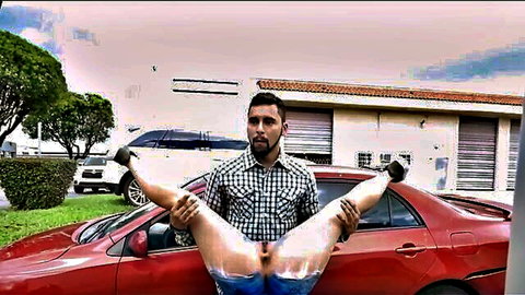 Kelsi street prank: guy holds her spread legs exposing shaved pussy outdoors