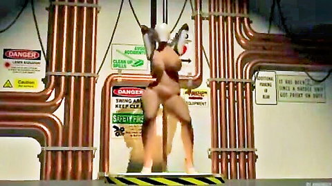 Nude fembot robot woman posing seductively in sci-fi lab