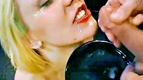 Annette Schwarz slurps massive cumload after intense blowjob