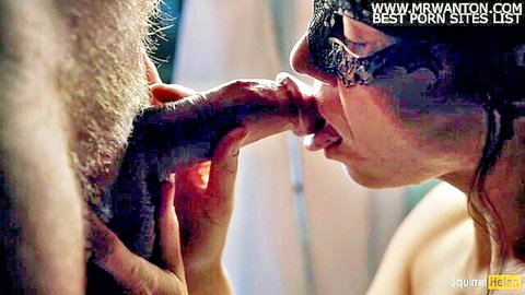 Masked woman gives intense blowjob to big cock, swallows cum from Kink