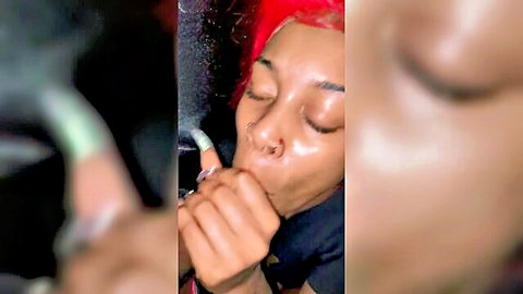 Redhead black woman gives messy blowjob with cum in nose closeup