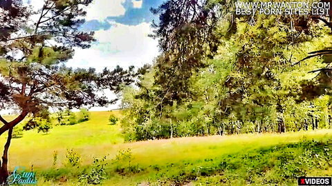Outdoor forest scene with plea against creampie in Kink studio video
