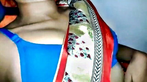 Indian stepmom in red saree and blue bra exposing cleavage with son