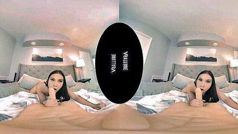 Brunette with natural tits fingers shaved pussy in closeup POV VR solo masturbation