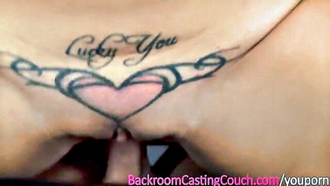 Jessica's Lucky You tattooed MILF pussy in anal casting penetration
