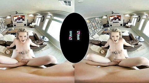 Kay Carter blonde spreads legs exposing pussy in VR POV nude solo
