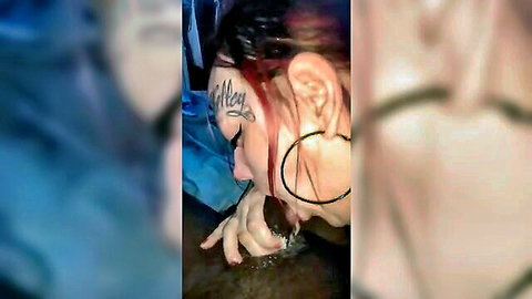 Tattooed redhead babe giving intense white superhead blowjob
