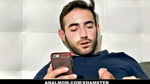 Guy in polo shirt jerks off to stepmom's OnlyFans on phone