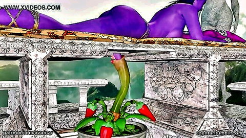 Purple alien babe bound and deepthroating phallic art plant in fantasy scene
