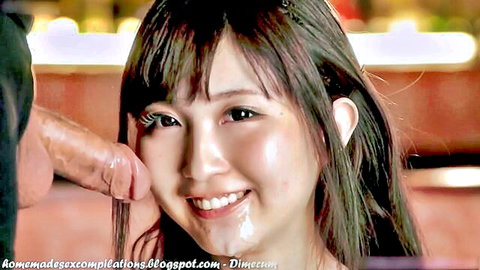 Megumi Shino smiling with cumshot on face in JAV blowjob PMV