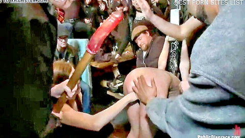 Elise Graves in public disgrace gangbang with huge red dildo penetration