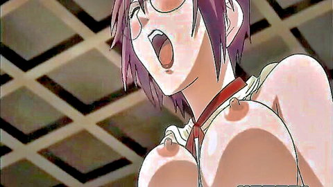 Hentai anime girl with glasses moaning, large pierced breasts exposed