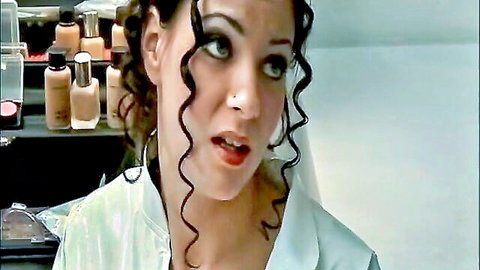 Leonie Saint with curly hair in white blouse, German threesome teaser