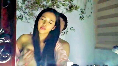 Korean beauty in steamy mirror topless embrace sex scene