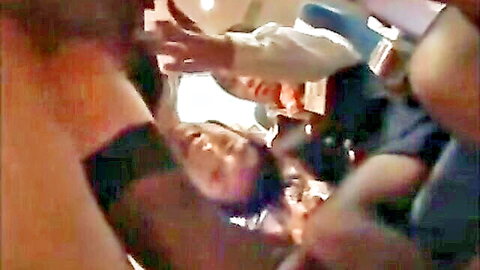Blurry Japanese men in military uniforms grope and thrust cocks in threesome orgy