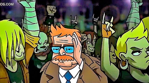 Distressed suited man with mustache facepalms amid cheering green zombie hentai girls rocking out