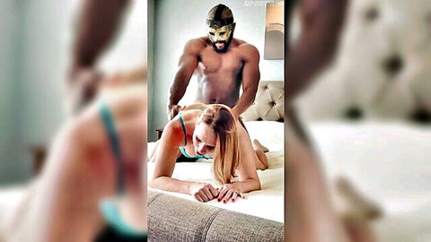 Muscular masked black man in doggy style with blonde white woman, cuckold satisfaction