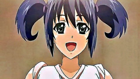 Cute anime maid with purple twintails smiling in hentai group sex thumbnail
