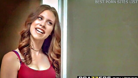 Anya Olsen smiling seductively in red tank top, Brazzers Teens Like It Big