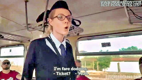 Czech schoolgirl in uniform fare dodges on bus, gangbang setup