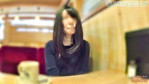 Asian woman in black top at cafe, cuckold wife removing panties scene