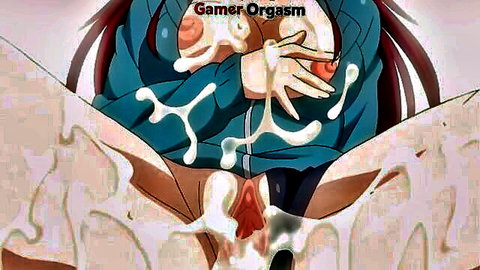 Anime gamer girl in ecstasy with cum on breasts and pussy, intense orgasm scene