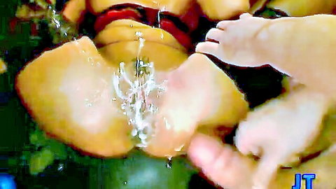 Hot brunette creampied in extreme bukkake bathtub scene