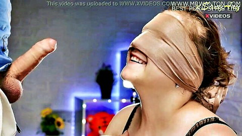 XSanyAny blindfolded smiling as cock teases her lips in taste game