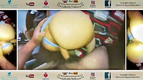 Hands squeezing massive yellow-tinted tits together in close-up POV boob grab