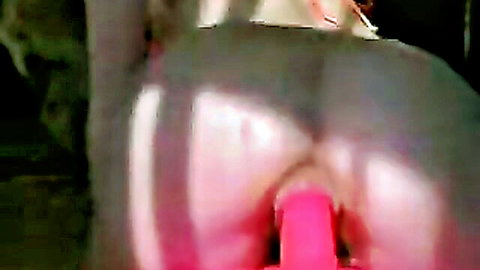 Amateur blonde's shaved pussy stuffed with thick pink dildo in doggy position