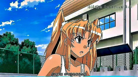 Anime fox-eared blonde girl in white top, surprised outdoors by pool