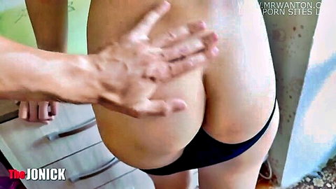 Asian wife bent over in thong, man groping her big ass cheeks
