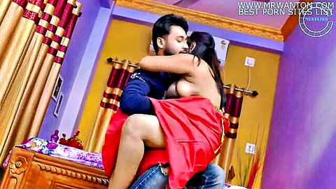 Hot Indian bhabi topless in red saree, intimate embrace with lover
