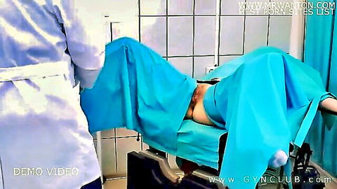 Lustful doctor in white coat performs explicit gyno exam on spread patient